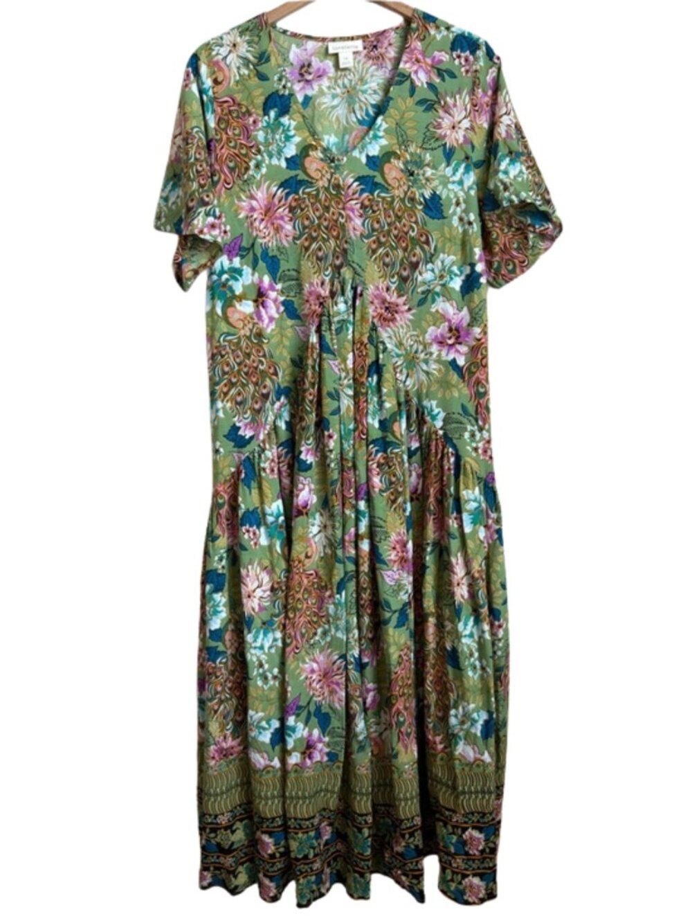 Peacock Floral Maxi Dress Loralette Plus Size 14 Green Boho Viscose Pockets